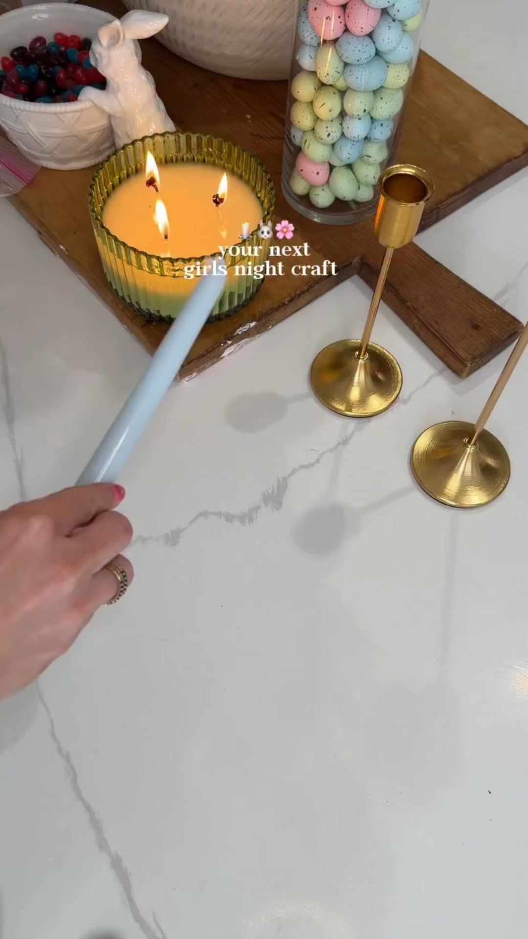 Easy DIY taper candles for spring / Easter 🕯️🌸 these turned out so cute and are the perfect craft for a girls night 💝

Follow @kimberlyj_king & comment CANDLE and I’ll dm you links to everything I used + my centerpiece items (all Amazon!) 

#girlsnight #craftideas #homedecor #easydiy #spring spring Easter home decor diy craft idea centerpiece coffee table faux floral tulips Amazon affordable rattan bunnies