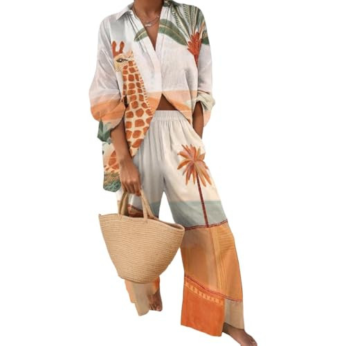 Akivide Womens Beach Vacation 2 Piece Outfits Long Sleeve Button Down Shirts and Matching Drawstring Waist Pants Summer Sets | Amazon (US)