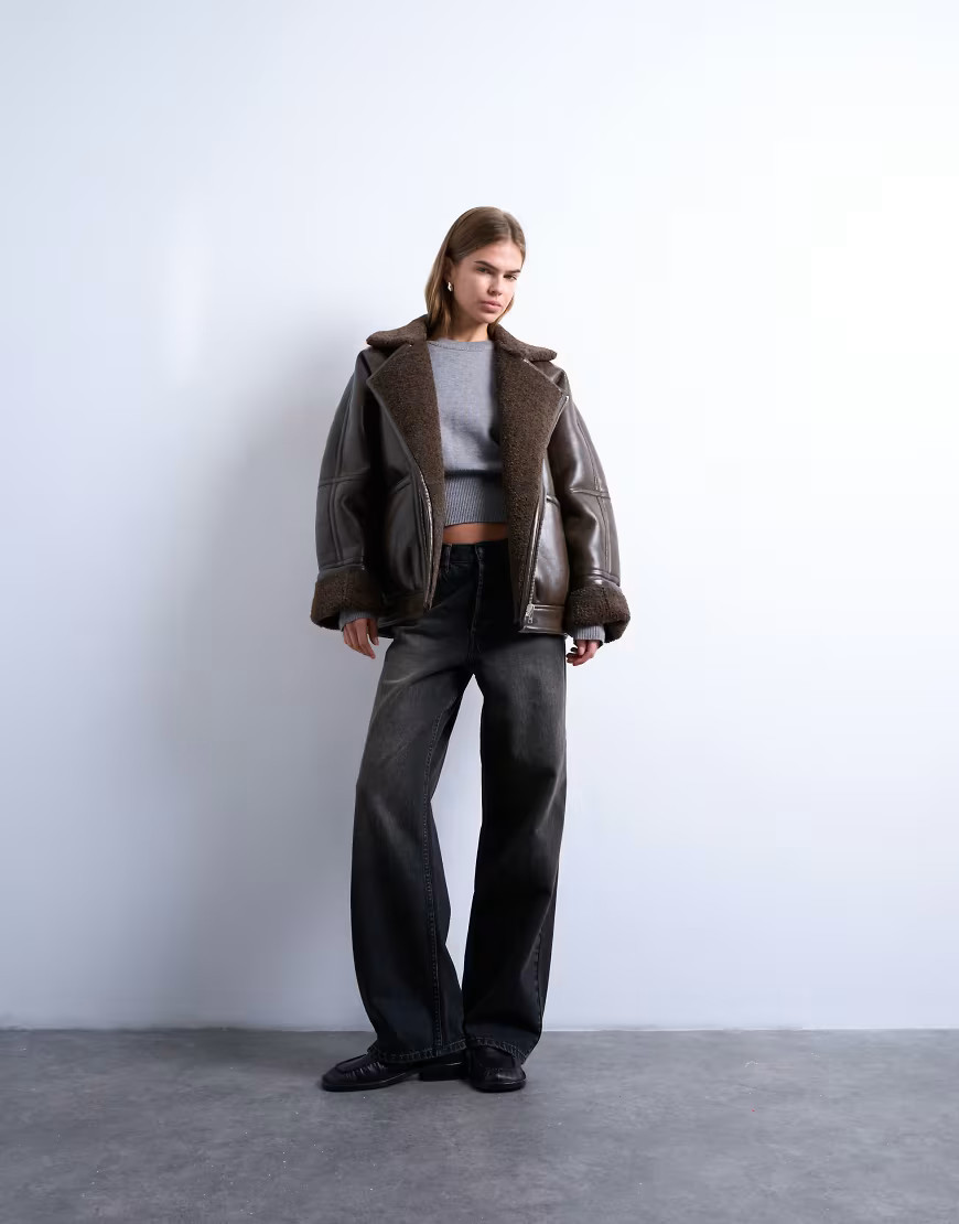 Topshop vintage wash shearling aviator bomber jacket in chocolate-Brown | ASOS (Global)