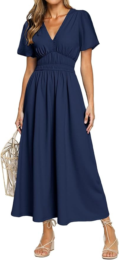 Simplee Women's Summer Flowy Midi Dress Casual V Neck Short Sleeve Empire Waist Boho Beach Weddin... | Amazon (US)