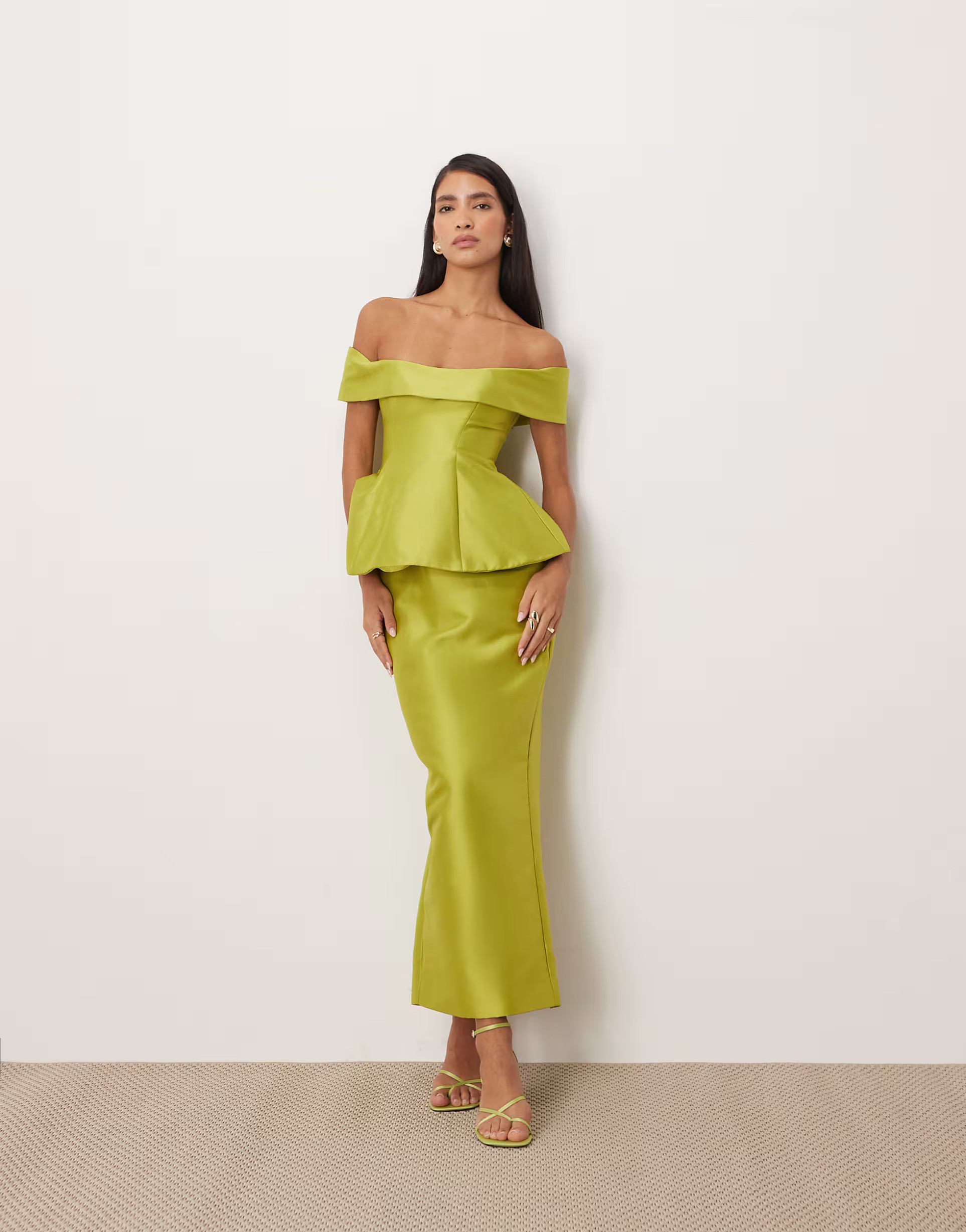 ARRANGE structured off the shoulder satin maxi dress in lime | ASOS (Global)