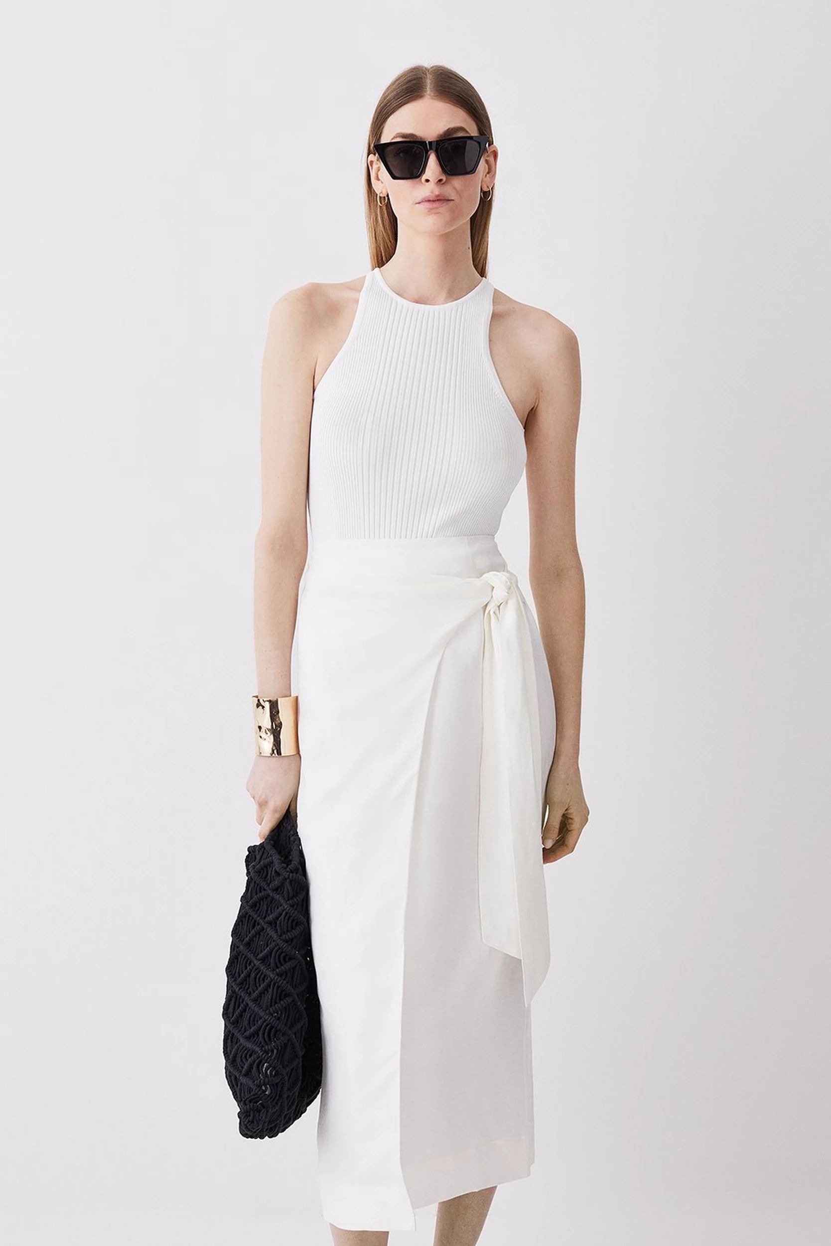 Linen Viscose Woven Wrap Tie Skirt | Karen Millen UK + IE + DE + NL