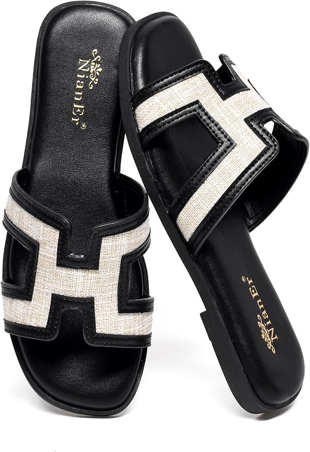 NianEr Womens Microfiber Leather Memory Foam H Sandals Summer Shoes Slides | Amazon (US)