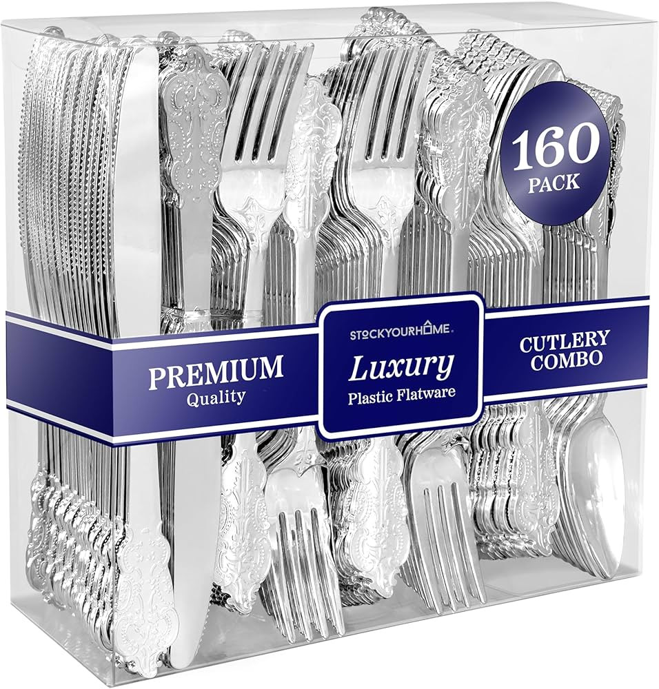 160 Pcs Silver Plastic Silverware Set- 80 Silver Forks, 40 Silver Spoons, 40 Silver Knives, Heavy... | Amazon (US)