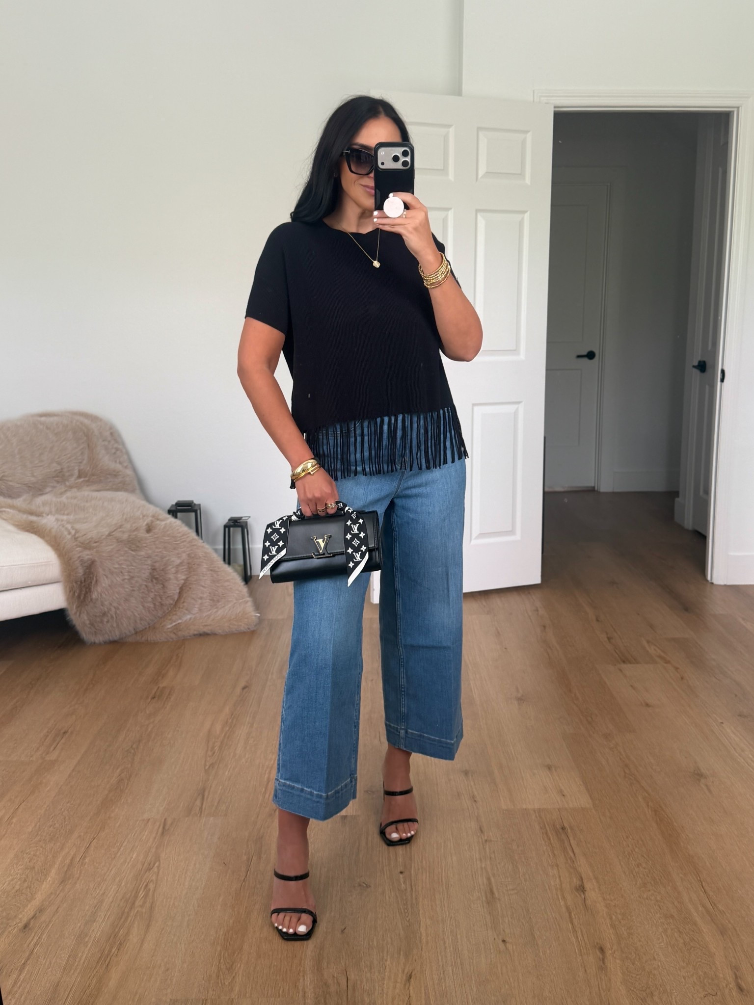 SPANXshape™ Original EveryWear Cropped Wide Leg Jeans wearing size medium. Splendid x @Cellajaneblog Fringe Sweater wearing size small. 