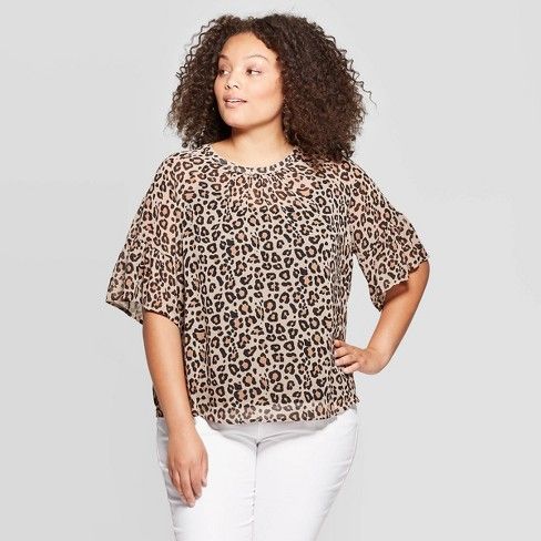 Women's Plus Size Animal Print Chiffon Flutter Sleeve Blouse - Ava & Viv™ Brown | Target