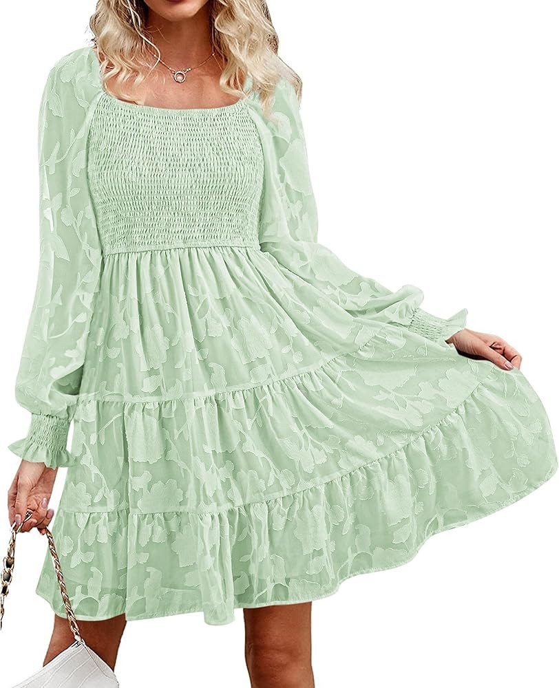 BZB Womens Lantern Sleeve Smocked Mini Dresses Square Neck A Line Babydoll Short Dress S-2XL | Amazon (US)