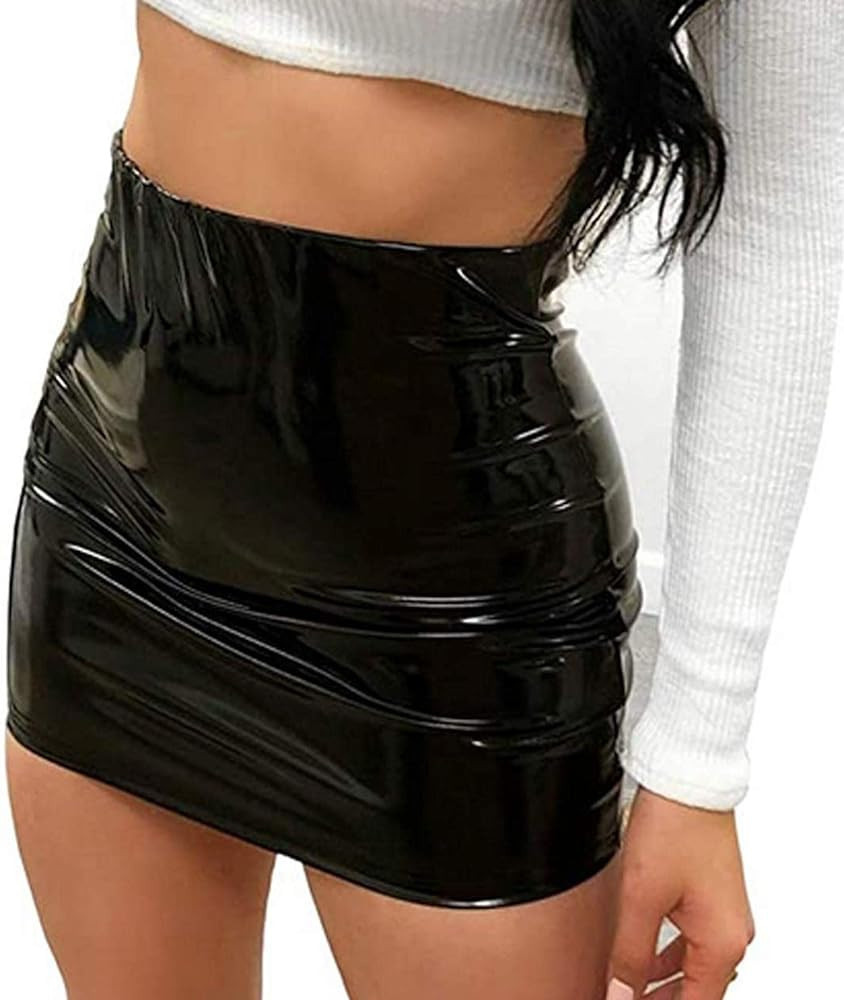 Springcmy Women Neon Leather Bodycon Mini Skirt Skirts Sexy Shiny Liquid Metallic Wet Look Latex ... | Amazon (US)