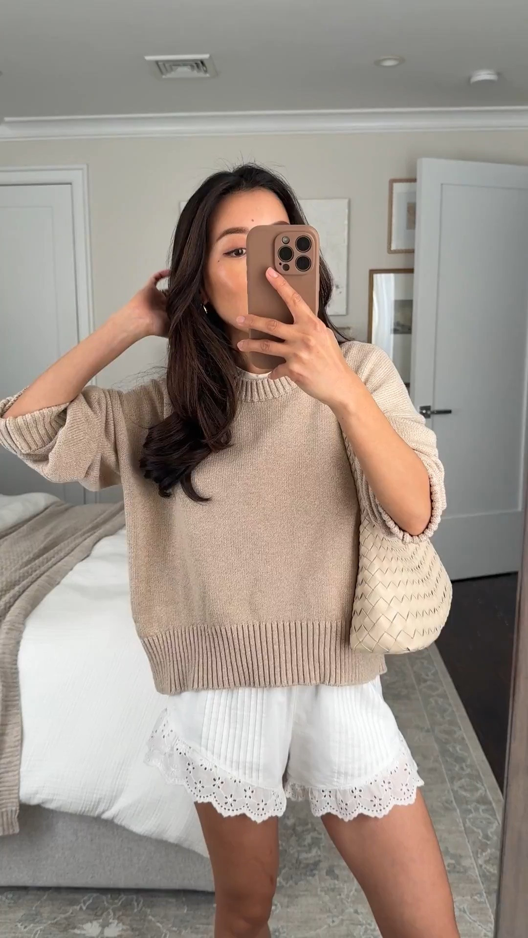 Sizing below: • cotton shorts Xxs. Use code AFJEAN ends today, also love the ruffled ones linked 
• 100% cotton Quince sweater XS, runs big, oversized fit. Sorry it’s old so can’t find color name!
• I shrunk this a bit when I first got it by washing + drying on medium. 
• anthro woven bag
• sandals 5.5
• everlane tee XS i sized up and wear it backwards so the collar neckline peeks out

#LTKootd #LTKmomlife #LTKPetite