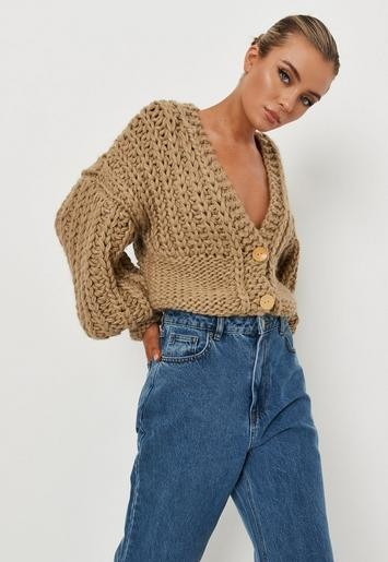 Missguided - Sand Button Front Cinched Waist Handknit Cardigan | Missguided (UK & IE)