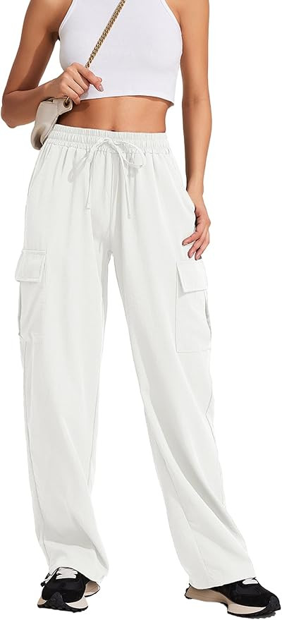 PINSPARK Women's Cargo Pants Quick Dry Hiking Athletic Pants Elastic High Waist Casual Pants Wide... | Amazon (US)