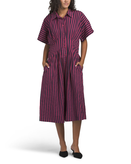Short Sleeve Pleated Waist Striped Maxi Dress | TJ Maxx