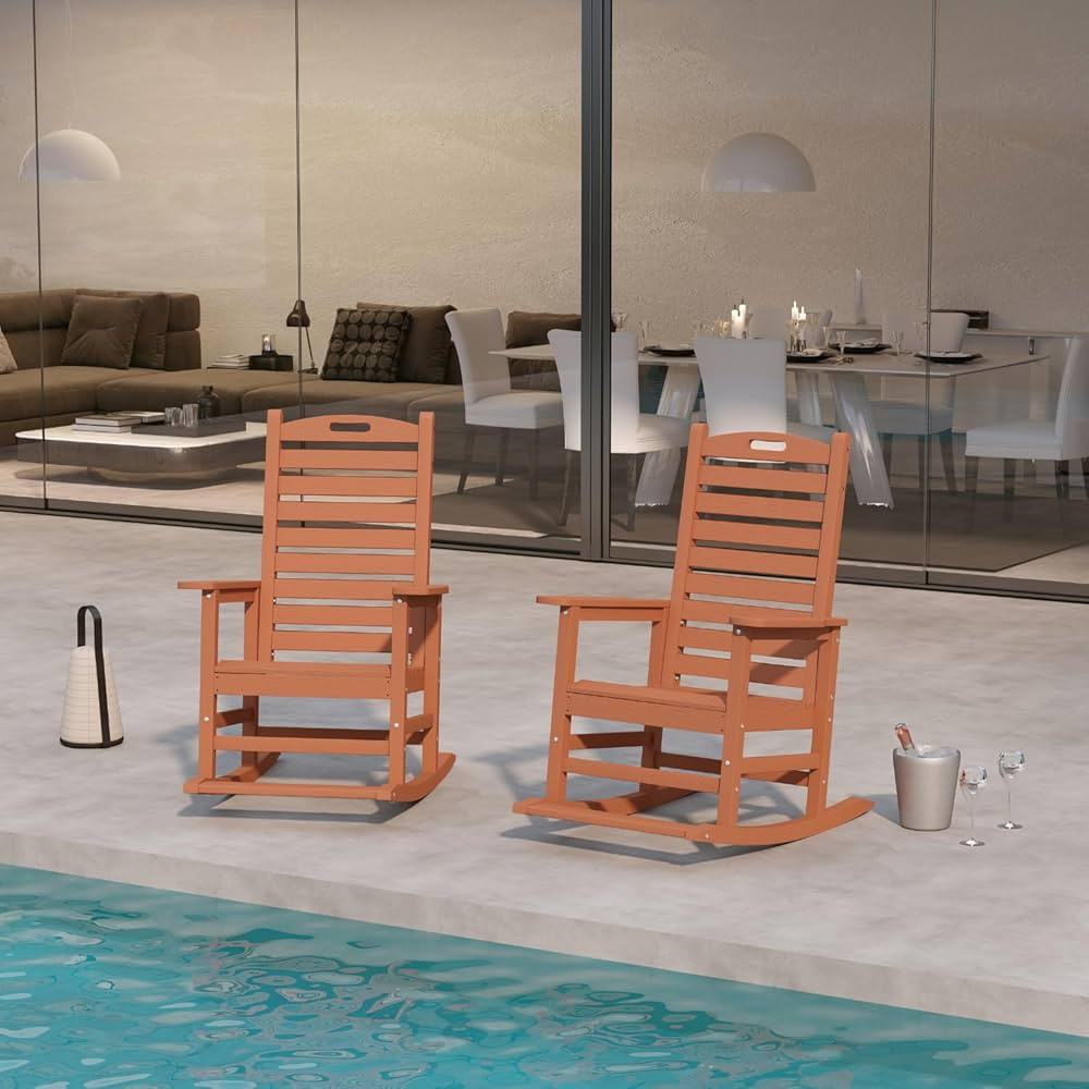 Outdoor Rocking Chairs Set of 2 with Footrest, HDPE Modern Rocking Lawn Chair for Garden, Poolsid... | Amazon (US)