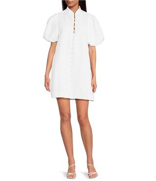 Mestiza New York Linen Blend Elliana Mandarin Collar Puff Sleeve Embroidered Button Front Mini Dr... | Dillard's