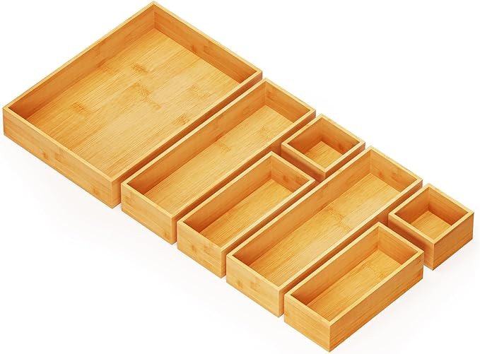 SpaceAid 7-Piece Bamboo Drawer Organizer Storage Boxes Set, Wood Tray Junk Drawer Organizers Mult... | Amazon (US)