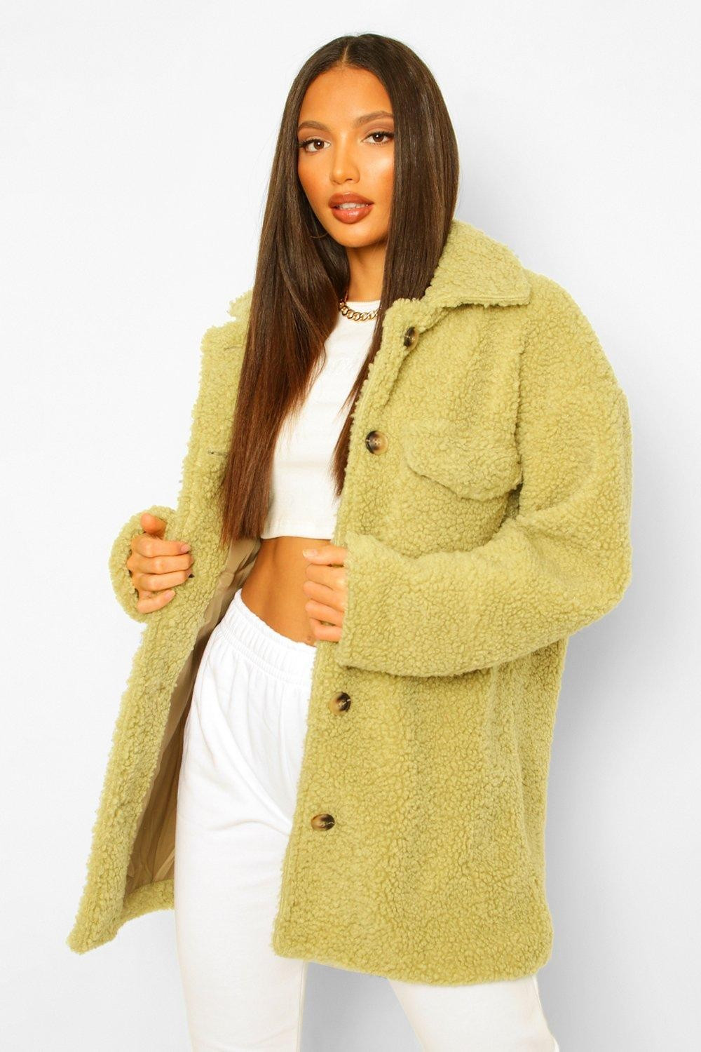 Womens Tall Longline Teddy Shacket - Green - 14 | Boohoo.com (US & CA)