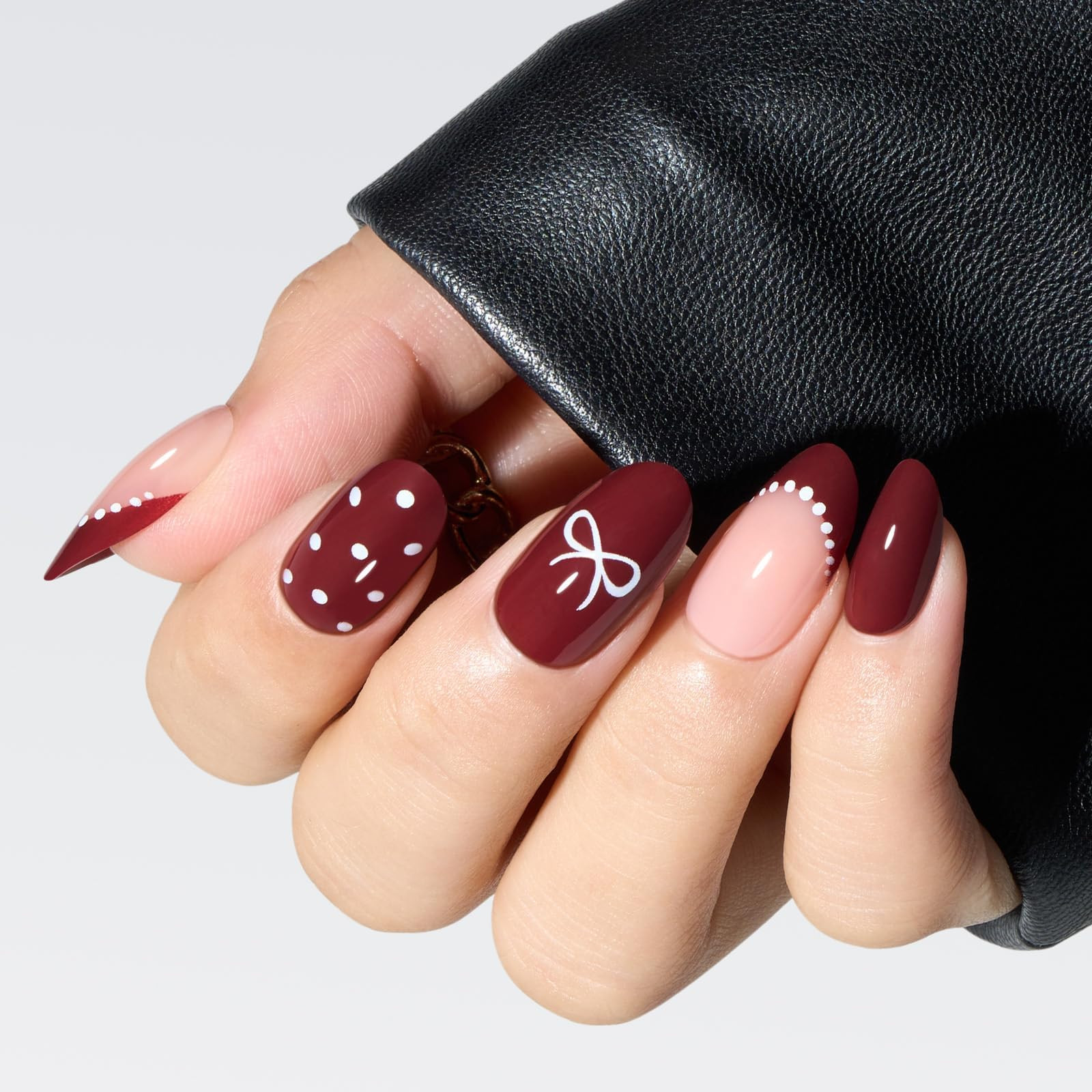 Modelones Dark Red Press on Nails Almond, Burgundy French Tip Polka Dot Bow Short Fake Nails, Reu... | Amazon (US)