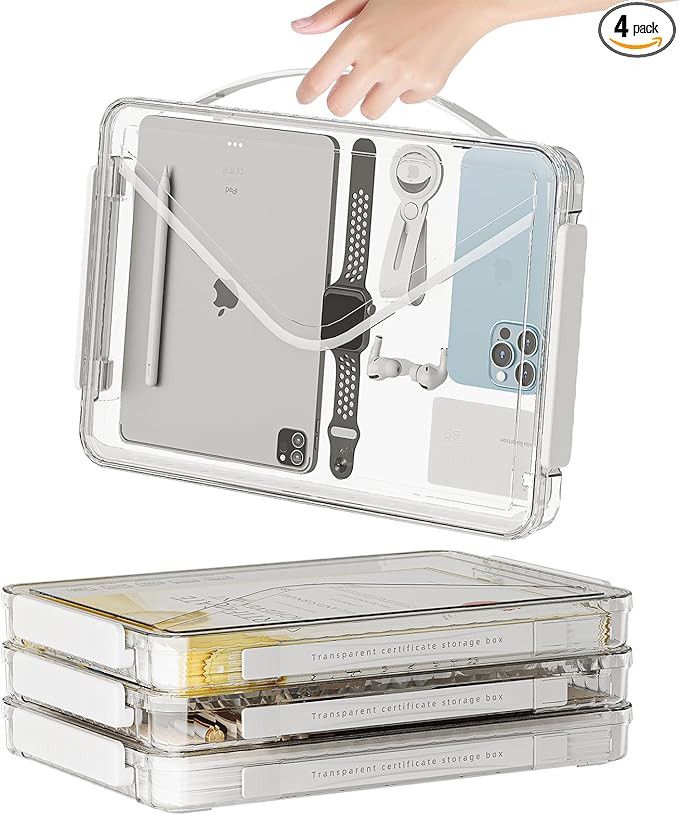 MSHOMELY 4 Packs File Box Clear Portable Project Case with Handle Plastic Stackable Paper Storage... | Amazon (US)