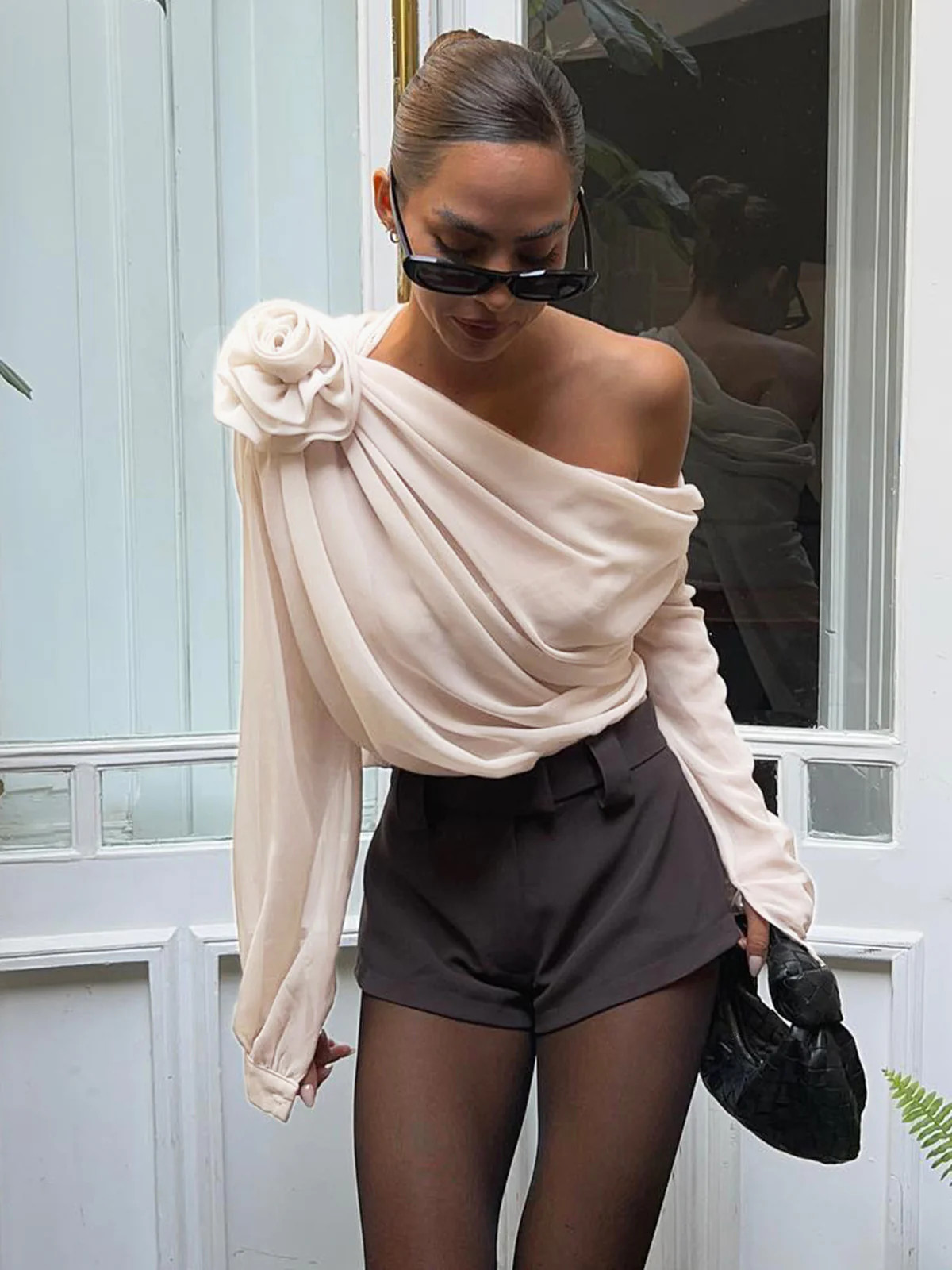 Chiffon Semi-Sheer One Shoulder Asymmetrical Blouse | Commense