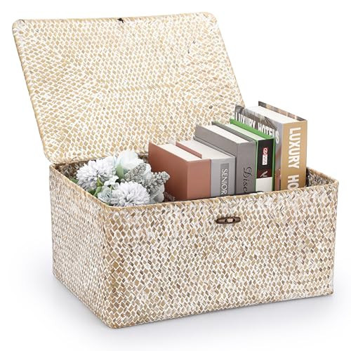 Hipiwe Wicker Woven Baskets Bin with Lid Natural Seagrass Basket Storage Bin Rectangular Household Basket for Shelf Wardrobe Home Decor, Whitewash, X-Large | Amazon (US)