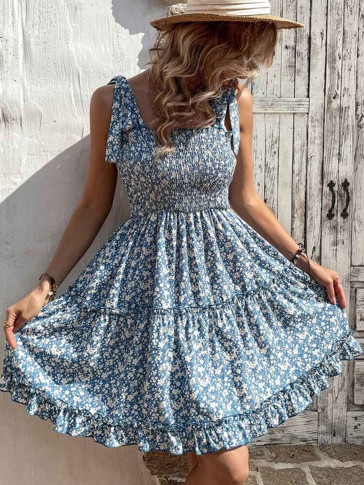 Ditsy Floral Print Shirred Bust Tie Shoulder Cami Dress | SHEIN