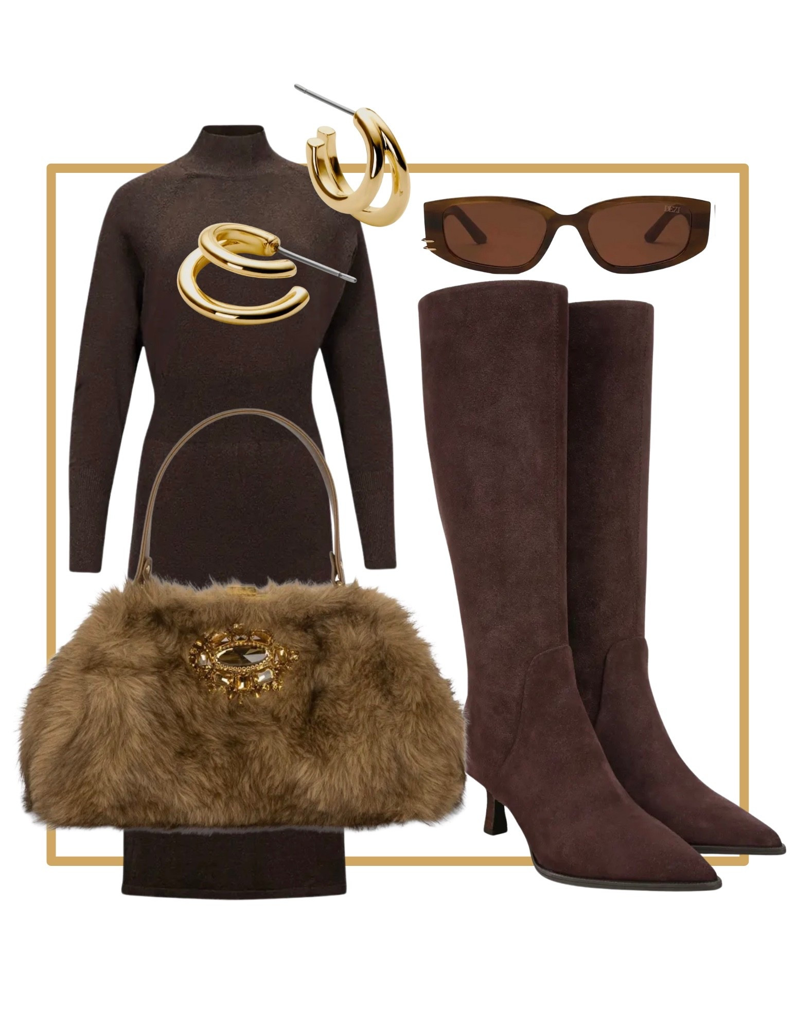 Sophisticated glam classy winter office outfit. Brown sweater dress. Brown heeled knee high boots. Brown fur purse bag. Gold hoop earrings.

#LTKItBag #LTKShoeCrush #LTKGiftGuide