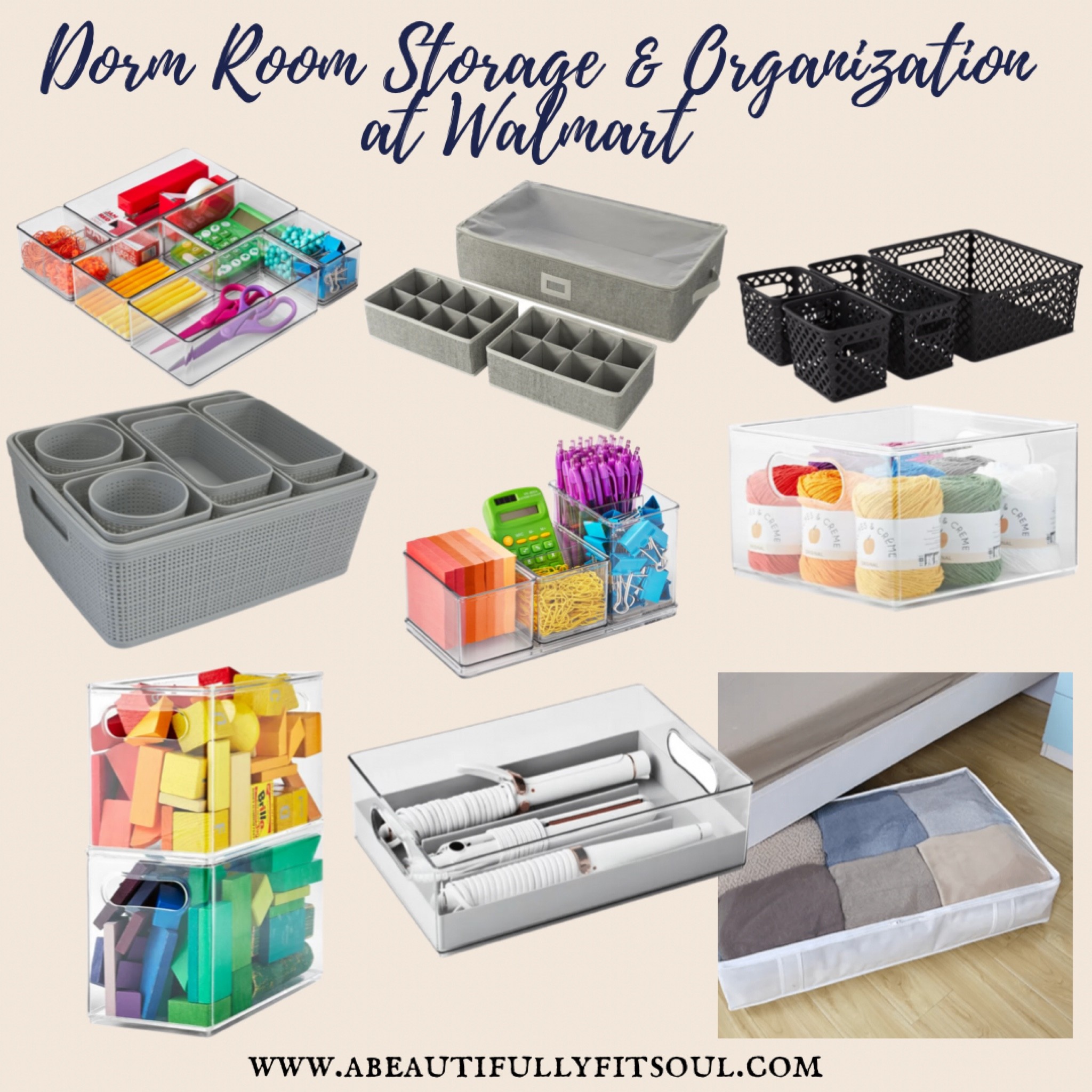 Dorm room storage and organization at Walmart. 6 piece office drawer system, under bed storage and drawer organizer set, decorative storage basket, organizing basket set, office desktop set, large bin modular storage system, narrow bin modular storage system, hair tool bin, under bed jumbo storage bag. 

#LTKhome #LTKU