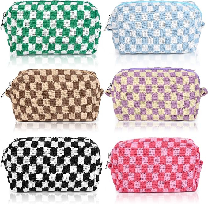 SOIDRAM 6 Pcs Checkered Makeup Bag Preppy Cosmetic Bag Bulk Pink Black Makeup Pouch Personalize T... | Amazon (US)