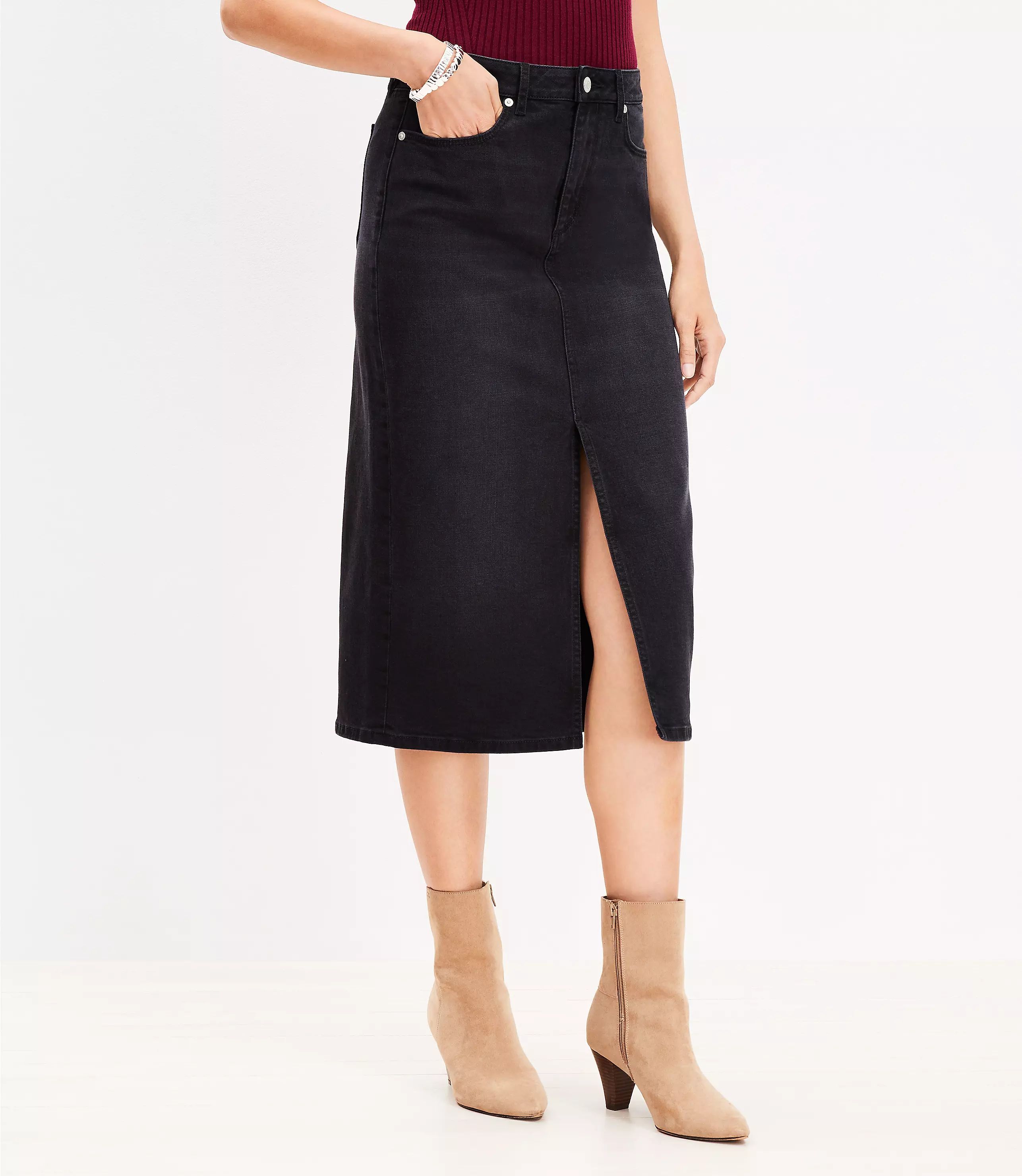 High Waist Denim Midi Skirt in Washed Black | LOFT