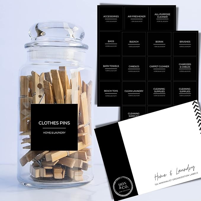 HON 124 Home Laundry Labels for Containers | Black Minimalist Preprinted & Jars Storage Bins Orga... | Amazon (US)