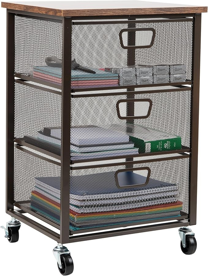 Mind Reader 3 Drawer Storage Organizer with Wood Top, Rolling Office Organizer Cabinet with Wheel... | Amazon (US)