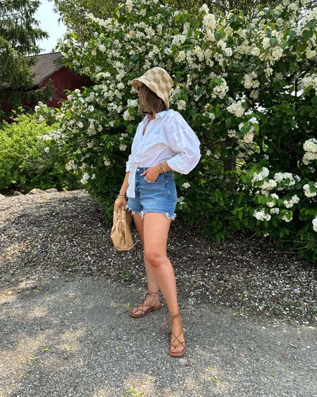 20% off sale this weekend on my favorite denim shorts! I go up one full size for them to be less fitted and a little loose around my thighs, I prefer the look! These are a size 30 and are curve love. Loveee the fit of them! 👏🏼👏🏼

Abercrombie, Abercrombie sale, Abercrombie sandals, bucket hat, Memorial Day sales, outfit of the day, white button down, amazon sunglasses 

#LTKFind #LTKsalealert