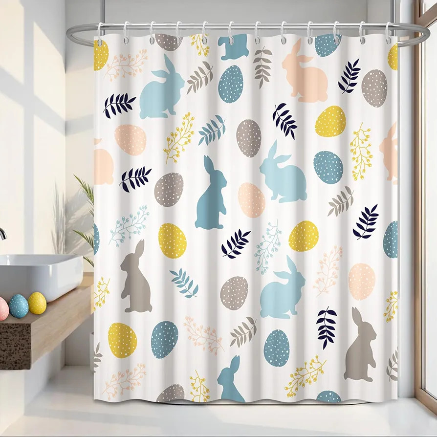 Easter Shower Curtain, Cute Spring Bunny & Egg Kids Shower Curtain Set with 12 Hooks, Funny Bathr... | Amazon (US)