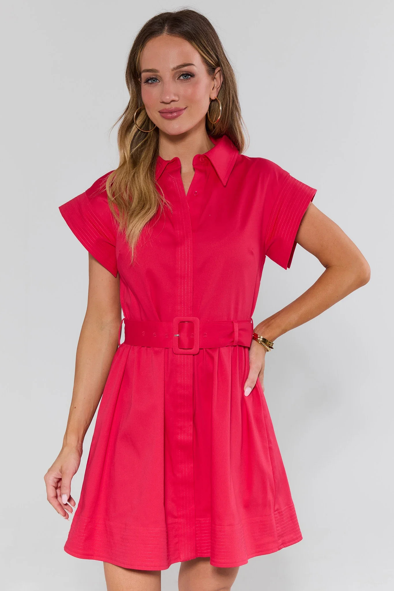 Riley Red Belted Button Up Short Dress | Avara