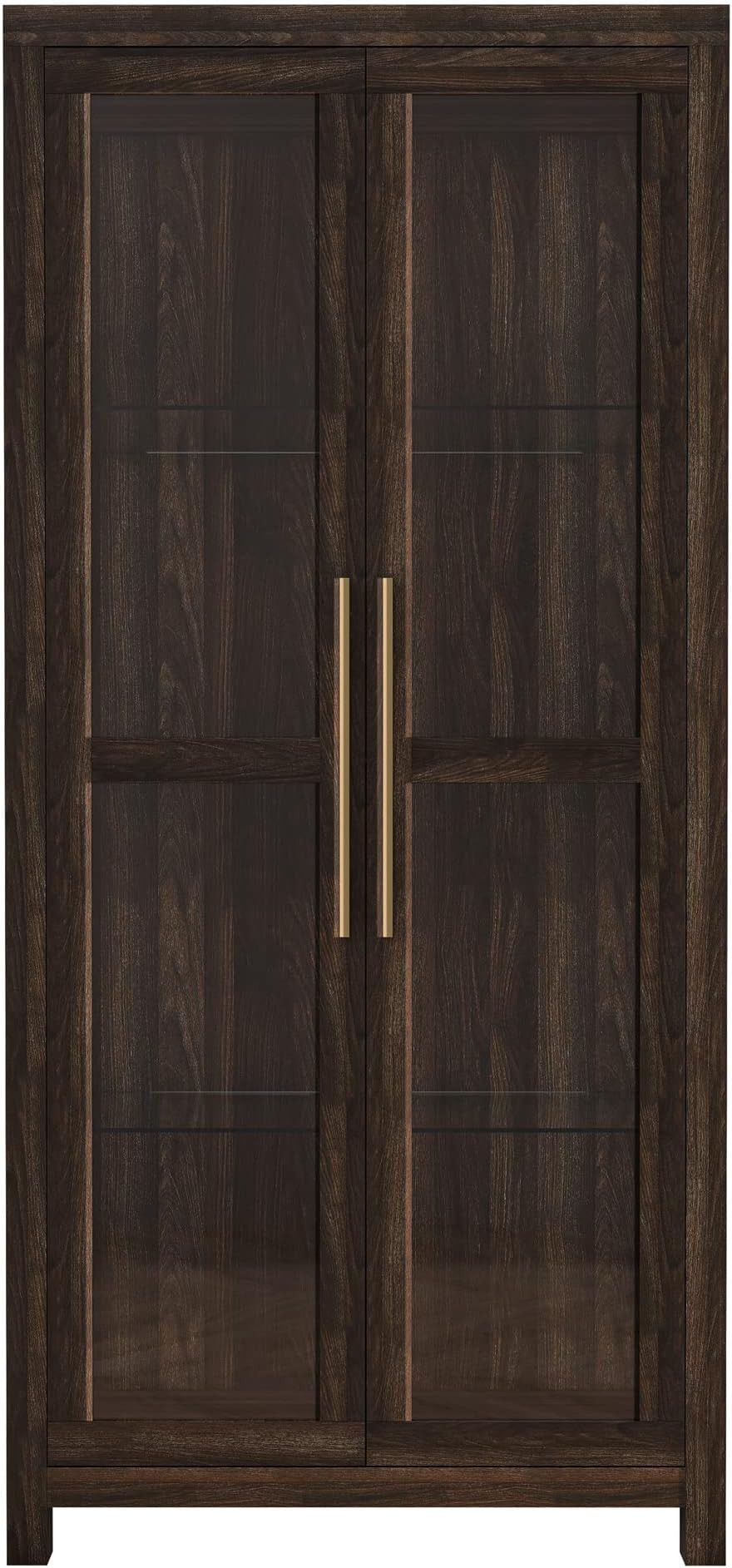 BELLEZE Storage Cabinet, Tall Bookshelf or Display Cabinet for Living Room Bedroom, Curio Cabinet with Tempered Glass Doors, Trophy Display Case, Storage/Organization - Avalon (Dark Walnut) | Amazon (US)