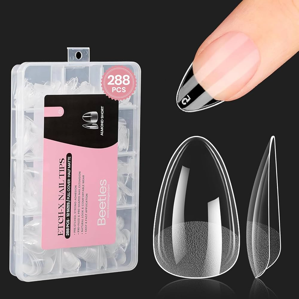 Beetles Short Almond Nail Tips: 12 Sizes 288 PCS Half Matte Full Cover Gel Tips Clear Acrylic Gel... | Amazon (US)