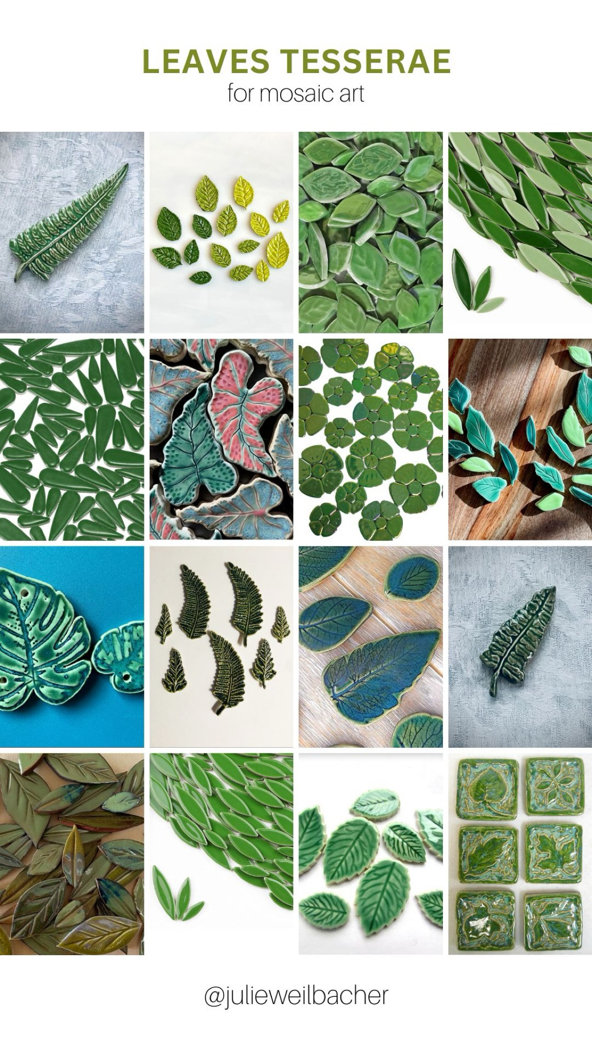 Sharing this collection of leaves tesserae for mosaic art. 🌿 This collection features ceramics, including many handmade ceramics. 🌿 For mosaic tips, tutorials, inspiration, and so much more please visit my YouTube channel: YouTube.com/julieweilbacher. Follow @julieweilbacher on Instagram for all things mosaic art. leaves - tree - mosaic - ceramics - fern - mosaic art - ceramic tile - craft supplies - handmade ceramics - monstera leaves - handmade ceramic tile - caladium - green tile - garden decor

#LTKHome #LTKFindsUnder100