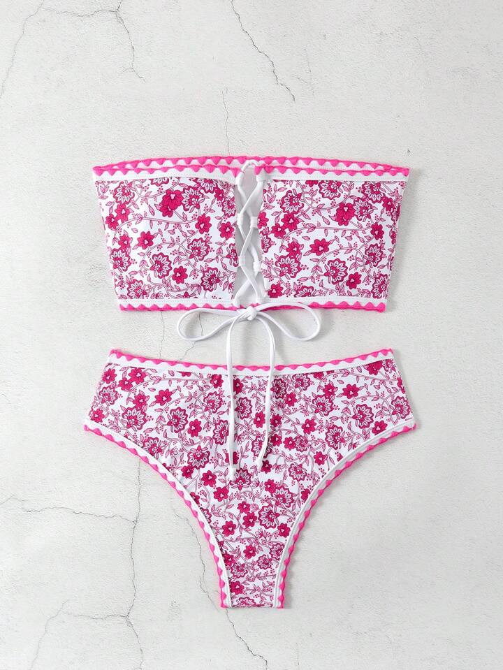 SHEIN Swim Women's Floral Print Strapless Bikini Set, Random Print, Bandeau Two Piece Swimwear Ba... | SHEIN