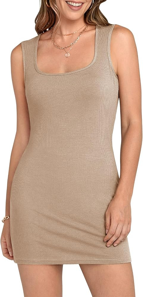 TARSE Womens Bodycon Mini Dress Square Neck Summer Sleeveless Ribbed Knit Short Tank Dress | Amazon (US)