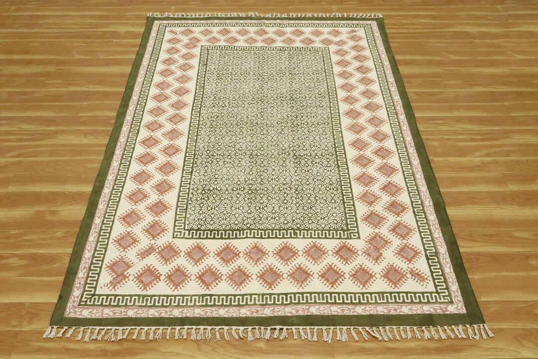 Green Hand Block Printed Rug Large Living, Bedroom Rug Green Hallway Stair Runner Bordered Cotton... | Etsy (US)
