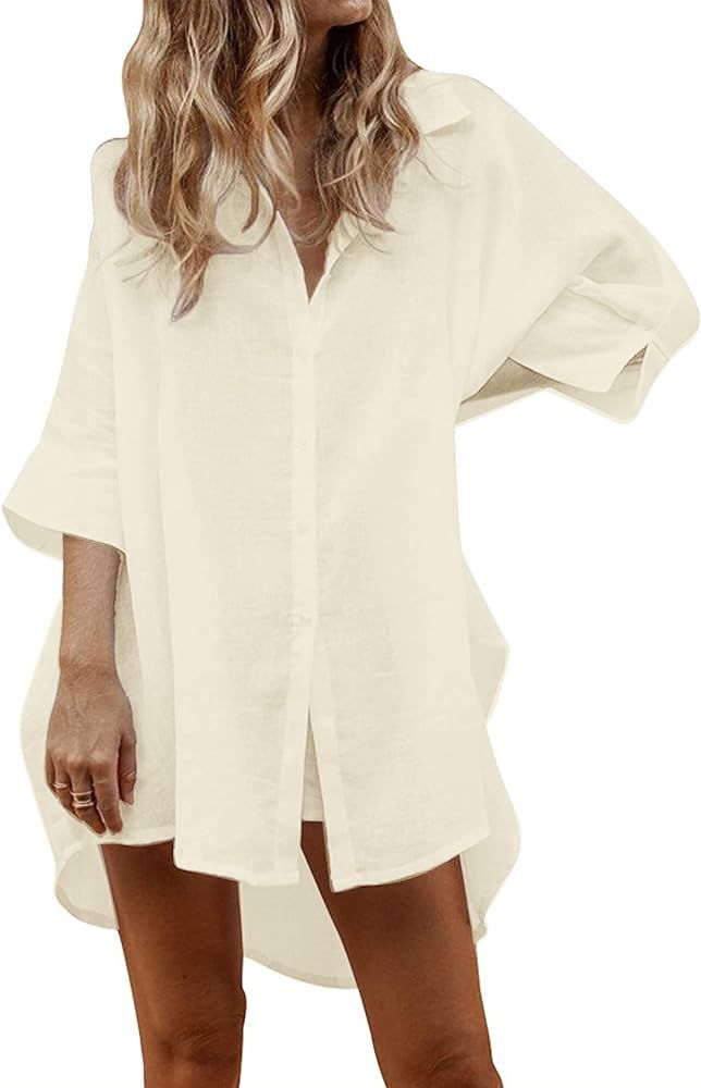 UNibelle Women Cotton Linen Shirts Casual Button Down Tunics Tops Beach Swimsuit Coverups | Amazon (US)