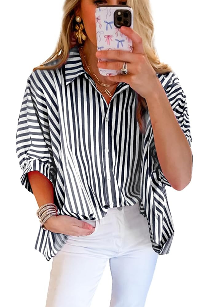 Women 2025 Summer Stripe Dolman Sleeve V Neck Oversize Shirt Tops Casual Button Up Short Sleeve S... | Amazon (US)