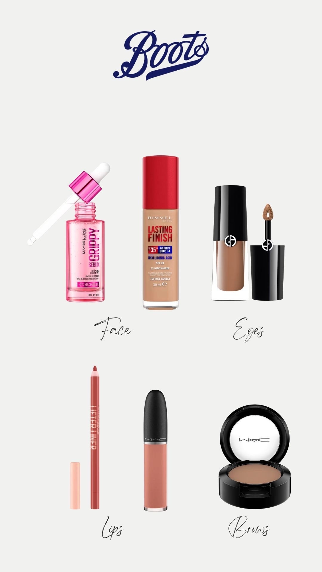 What’s in my makeup bag 
Maybelline Grippy primer
Rimmel foundation - shade true ivory 103
Mac Liquid lip - shade ‘lady be good’ 
Mac eyeshadow in brows - charcoal brown
Armani eye tint - 22 cashew
Maybelline lip liner - shade ’13- maybe it’s’