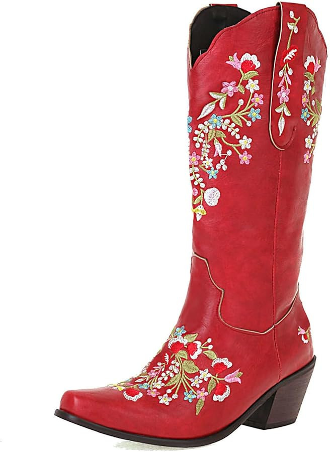 Womens Embroidered Cowboy Boots Western Cowgirl Snip Toe Boots Chunky Heel Pull On Wedding Dress ... | Amazon (US)