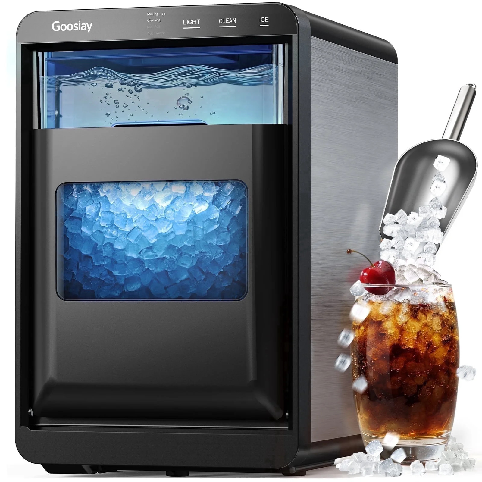 Goosiay Nugget Ice Maker Countertop, 44lbs per Day Portable Pebble Sonic Ice Machine with Soft Chewable Ice for Home, Kitchen, Office, RV, Camping, Stainless Steel, Black | Walmart (US)
