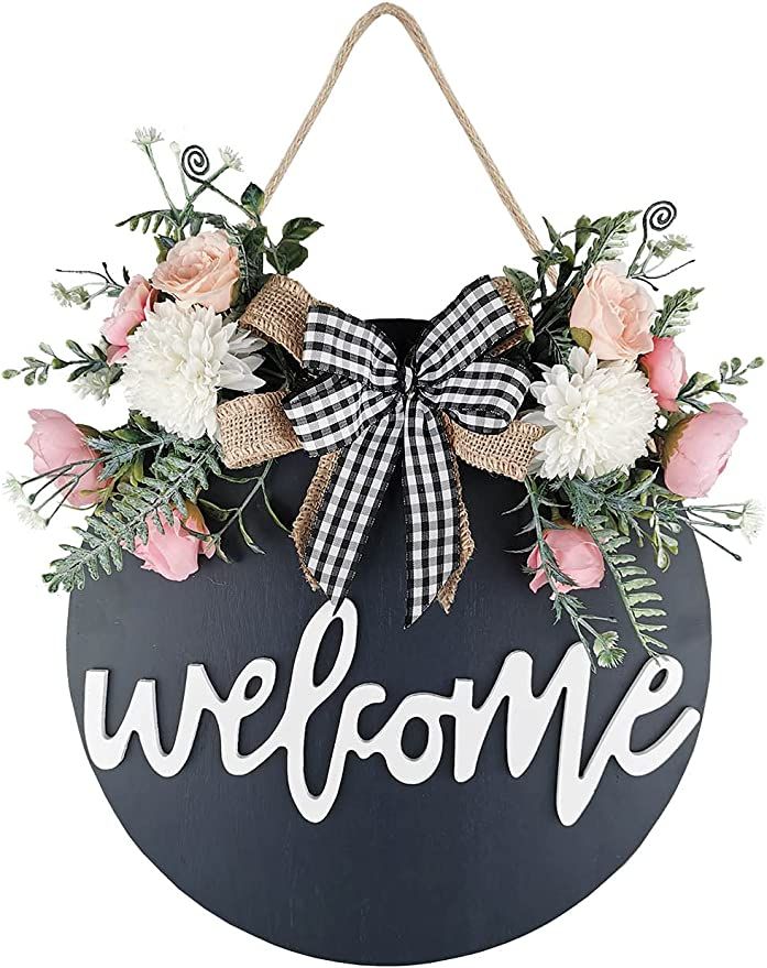 Welcome Sign for Front Door, Farmhouse Porch Décor Wooden Hanging Round Sign 12" Black-Floral | Amazon (US)