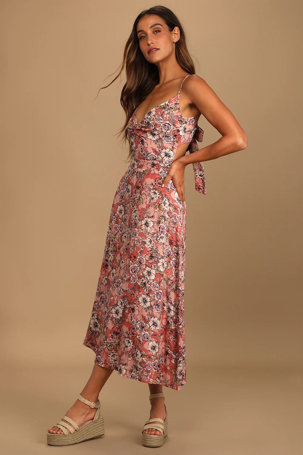 Ties With You Rose Pink Floral Print Tie-Back Midi Dress | Lulus