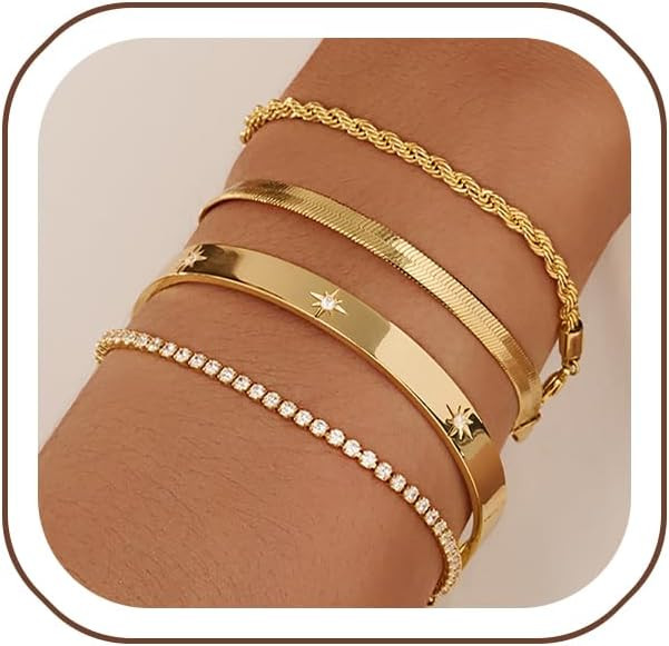Gold Bracelets for Women 14K Gold Plated Stack Trend Bracelets Charm Paperclip Chain Cuban Link L... | Amazon (US)