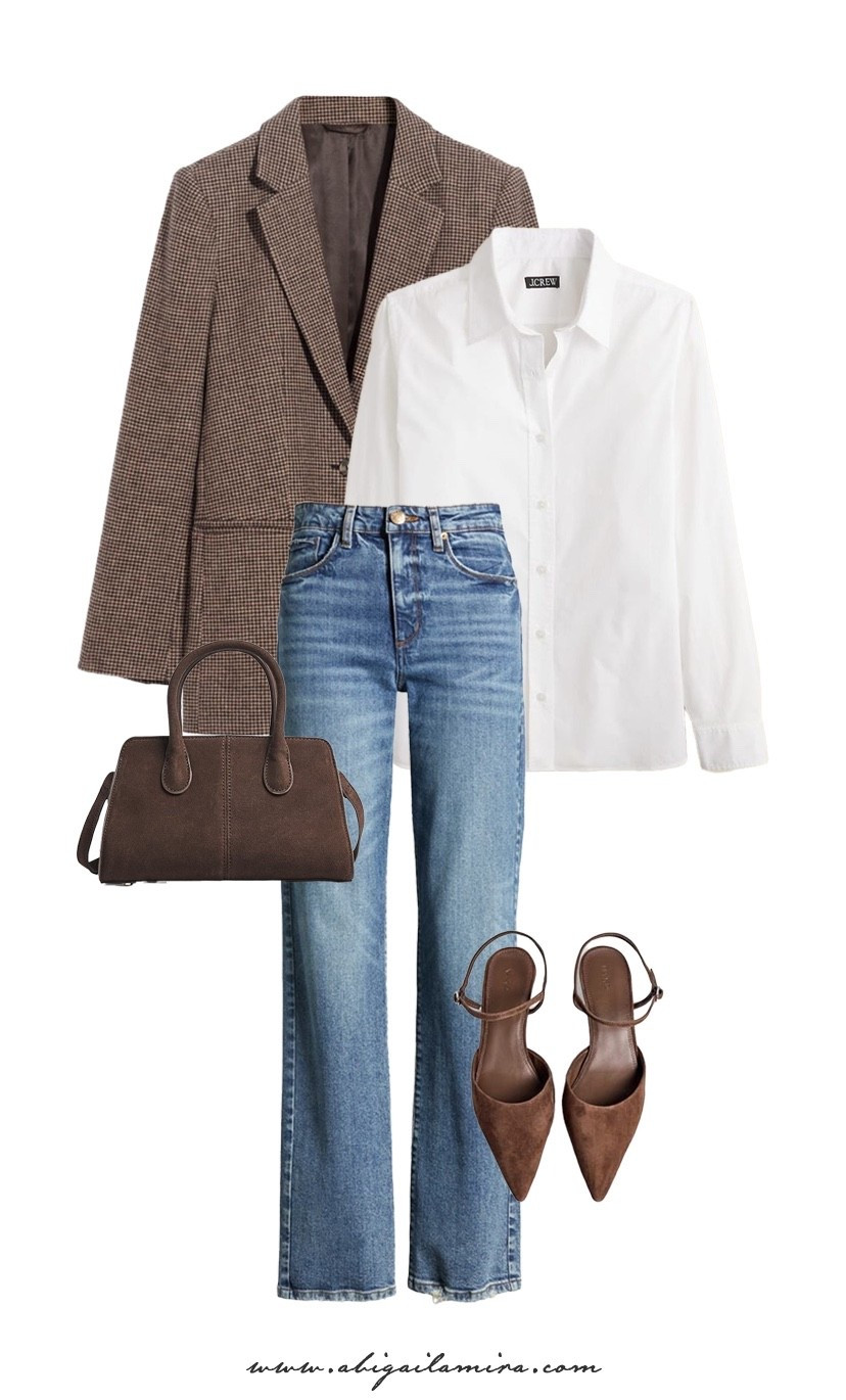 WHAT I'M WEARING WEDNESDAY 10/08/2025
This outfit of the day is a perfect mix of polished and effortless style. The classic white button-down and straight-leg jeans create a timeless foundation, while the checked blazer adds a touch of sophistication. Brown suede accessories—a structured handbag and chic slingback heels—tie the look together with warmth and texture, making it ideal for a smart-casual day at the office or a stylish weekend outing. See the full post at www.abigailamira.com

#LTKStyleTip #LTKOver40 #LTKMidsize