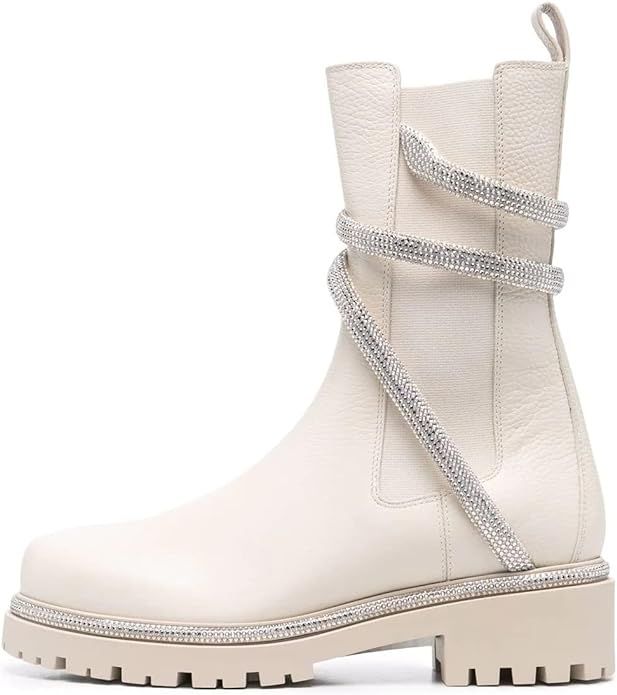 Womens Crystal Sprial Ankle-Wrap Boots Chelsea Combat Flat Lugs Booties | Amazon (US)